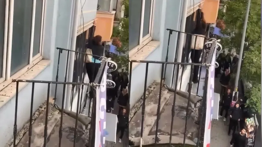 Beyoğlu’nda otel tabelasına çıkan kadın düşerek yaralandı: O anlar kamerada